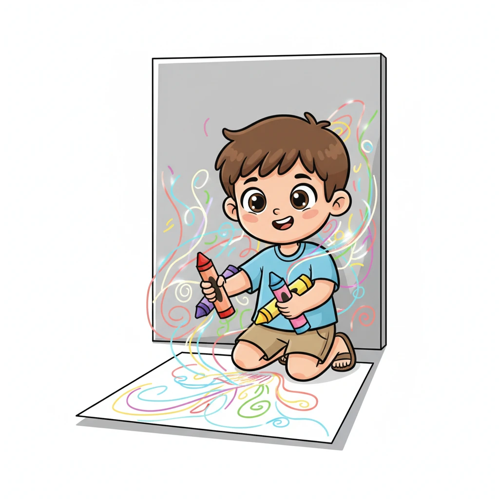 عاد ليمو إلى الجدار الرمادي، ووضع ورقة كبيرة بيضاء على الأرض أمامه، ثم بدأ يرسم عليها بحركات سريعة وواثقة. كانت الألوان تتراقص بين يديه، ترسم خطوطًا ومنحنيات مرحة. بدأ الجدار يستعيد الحياة تدريجيًا بفضل لمساته السحرية.