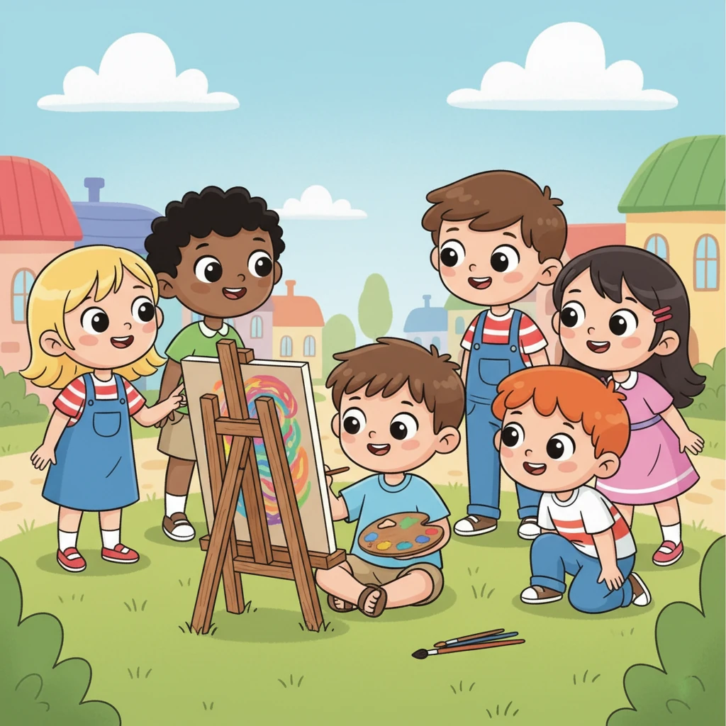 بينما كان ليمو منهمكًا في عمله، بدأت مجموعة من أطفال البلدة والجيران يمرون بالقرب منه. توقفوا بفضول لمشاهدة الفنان الصغير وهو يلون عالمه الخاص. بدأت الابتسامات تظهر على وجوههم وهم يرون الألوان تتفجر على الورقة.