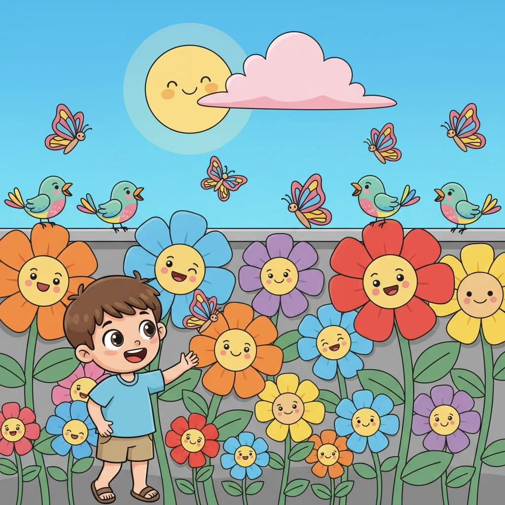 تحول الجدار الرمادي الباهت إلى حديقة سحرية مليئة بالزهور العملاقة الملونة، والفراشات الراقصة، وطيور تغني بألوان قوس قزح. رسم ليمو أيضًا شمسًا مبتسمة وسحابة وردية تطفو في سماء زرقاء لامعة. كل التفاصيل كانت تنبض بالحياة والفرح.