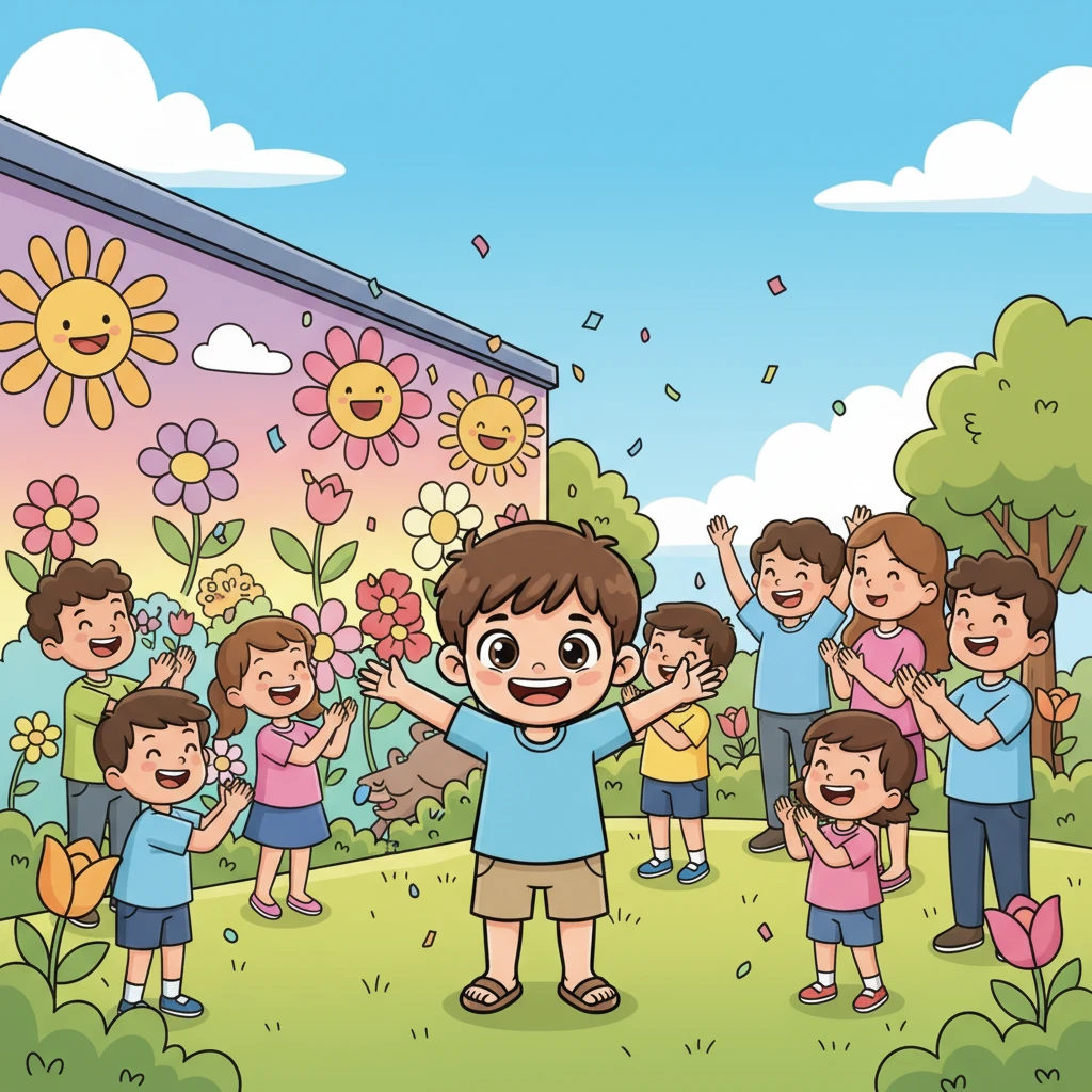 اكتملت اللوحة الفنية! تبدل المشهد تمامًا، وأصبحت الزاوية التي كانت كئيبة مكانًا مشرقًا ومفعمًا بالبهجة. صفق الأطفال والجيران بحماس، وعلت الضحكات في أرجاء الحديقة. كان الجميع يشعر بالسعادة التي جلبها فن ليمو.