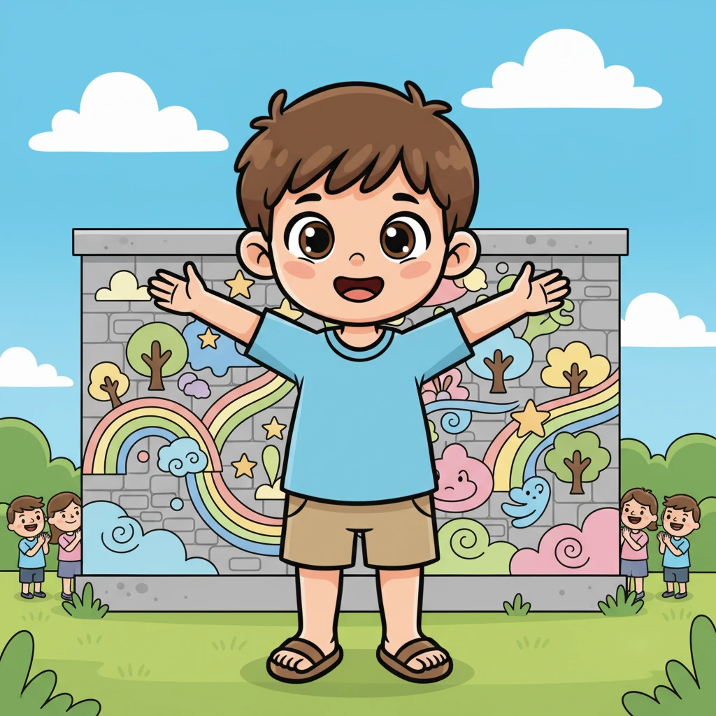 وقف ليمو أمام تحفته الفنية، وذراعاه مرفوعتان بفخر، وابتسامة عريضة تملأ وجهه. عيناه الواسعتان تلمعان بالرضا، وهو يرى الفرحة في عيون الجميع. لقد أثبت أن القليل من الألوان والكثير من الخيال يمكن أن يغير العالم.