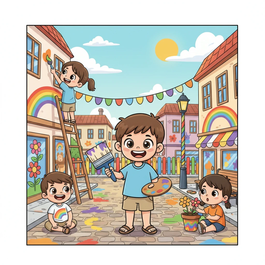 منذ ذلك اليوم، أصبحت بلدة ليمو الصغيرة أكثر إشراقًا وجمالًا. بدأ الأطفال الآخرون يحملون ألوانهم، مستلهمين من ليمو، ليرسموا الفرح في كل زاوية. كل زاوية في البلدة بدأت تحكي قصة ملونة بفضل فنانها الصغير.