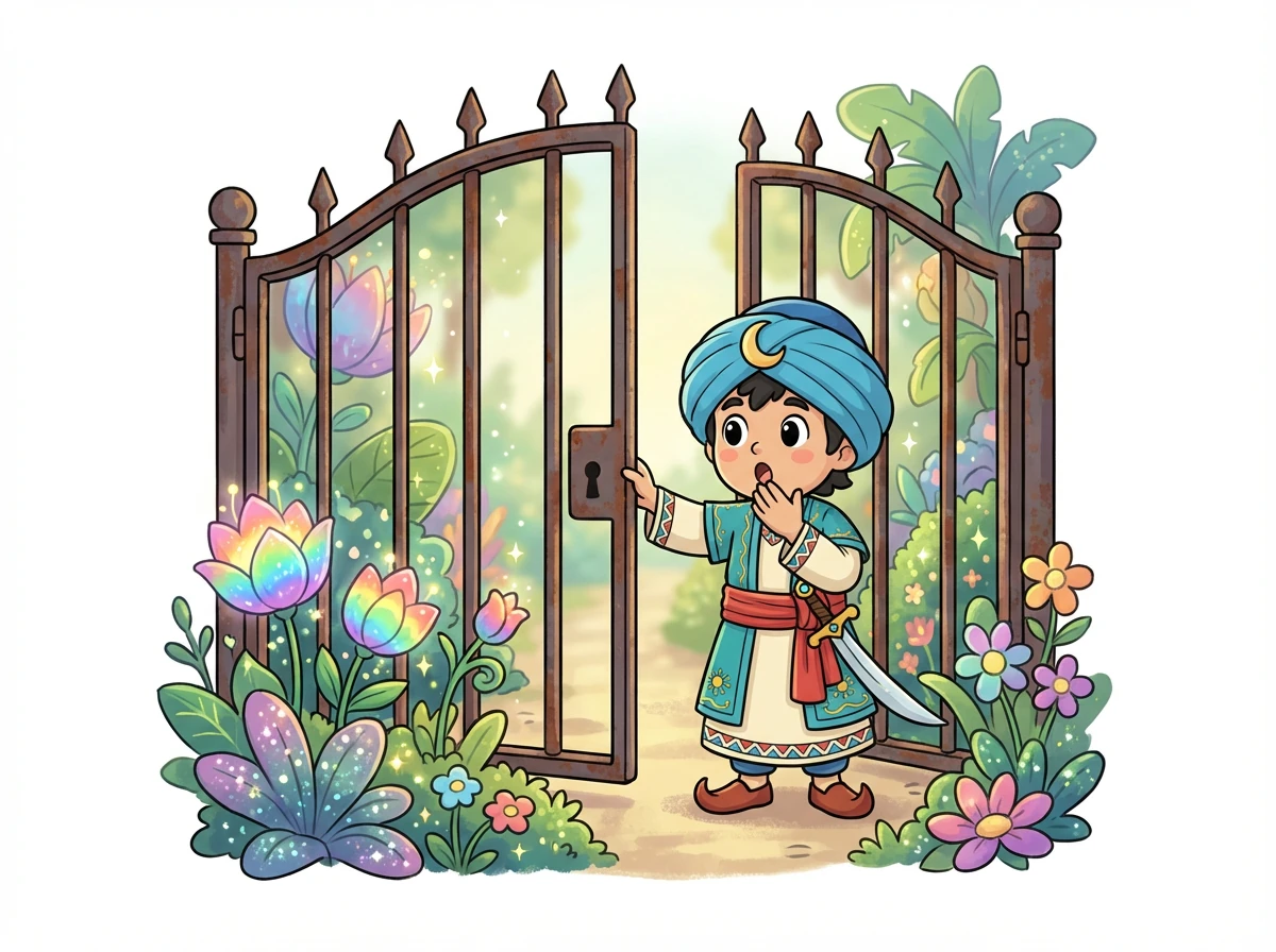 Bog'ning darvozasi zanglagan va qulflangan edi, lekin Alisher uni ochishning yo'lini topdi. U ichkariga kirgach, hayratdan qotib qoldi. Bu yer ajoyib o'simliklar va rang-barang gullarga to'la edi.