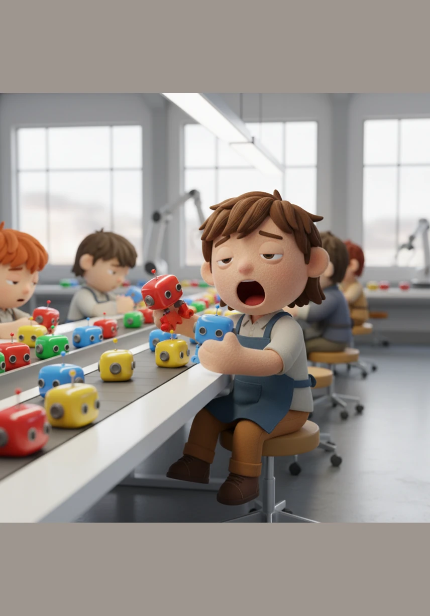 Jack sat at a long assembly line in a bright toy factory, clicking plastic heads onto colorful robot bodies. While the toys were shiny and cool, Jack couldn't help but yawn as he did the same thing over and over again.