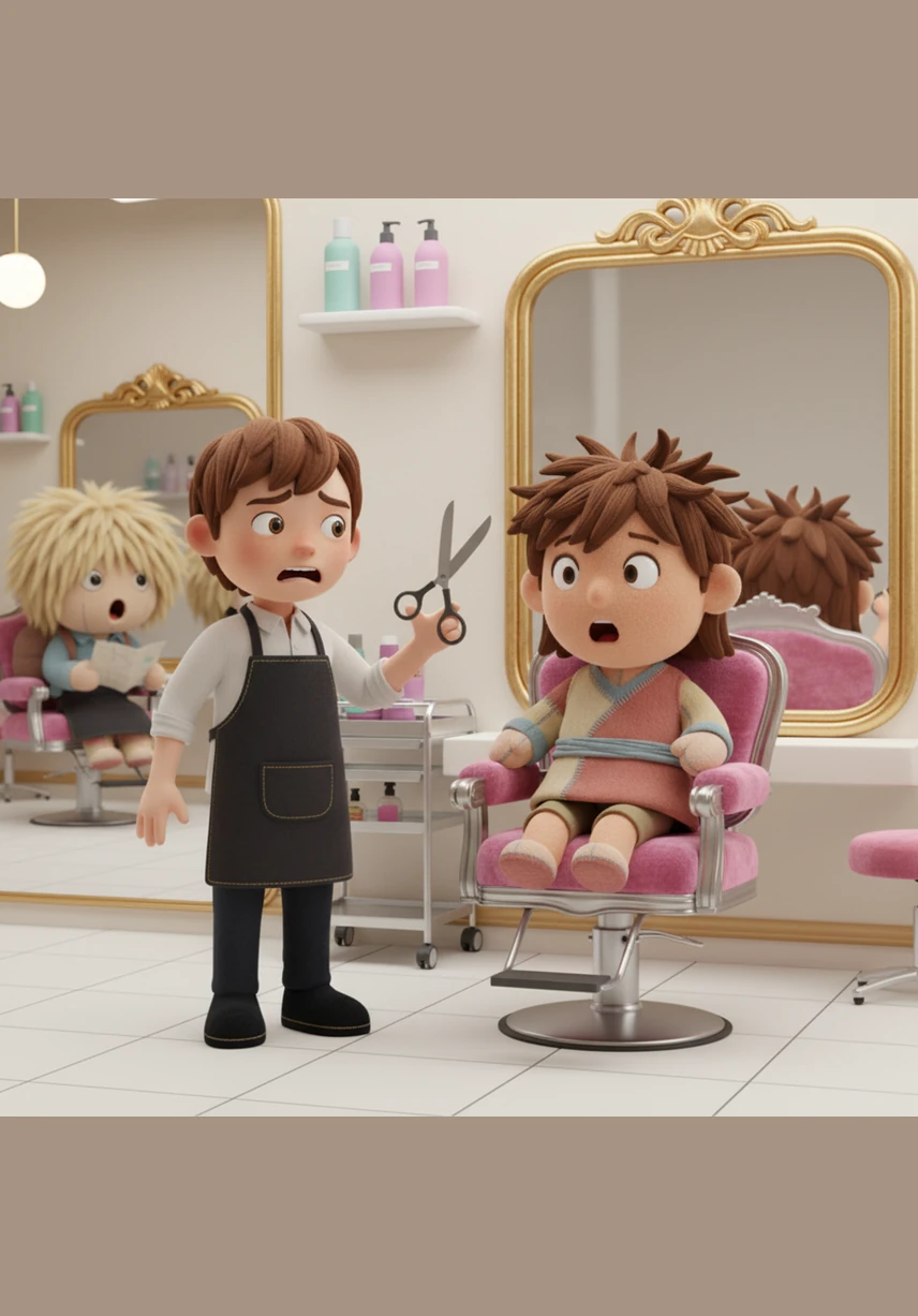 In a fancy salon, Jack held a pair of scissors with a confused look while his customer stared in horror at the mirror. The haircut was lopsided and spiky, making it very clear that hairdressing was definitely not Jack's greatest talent.