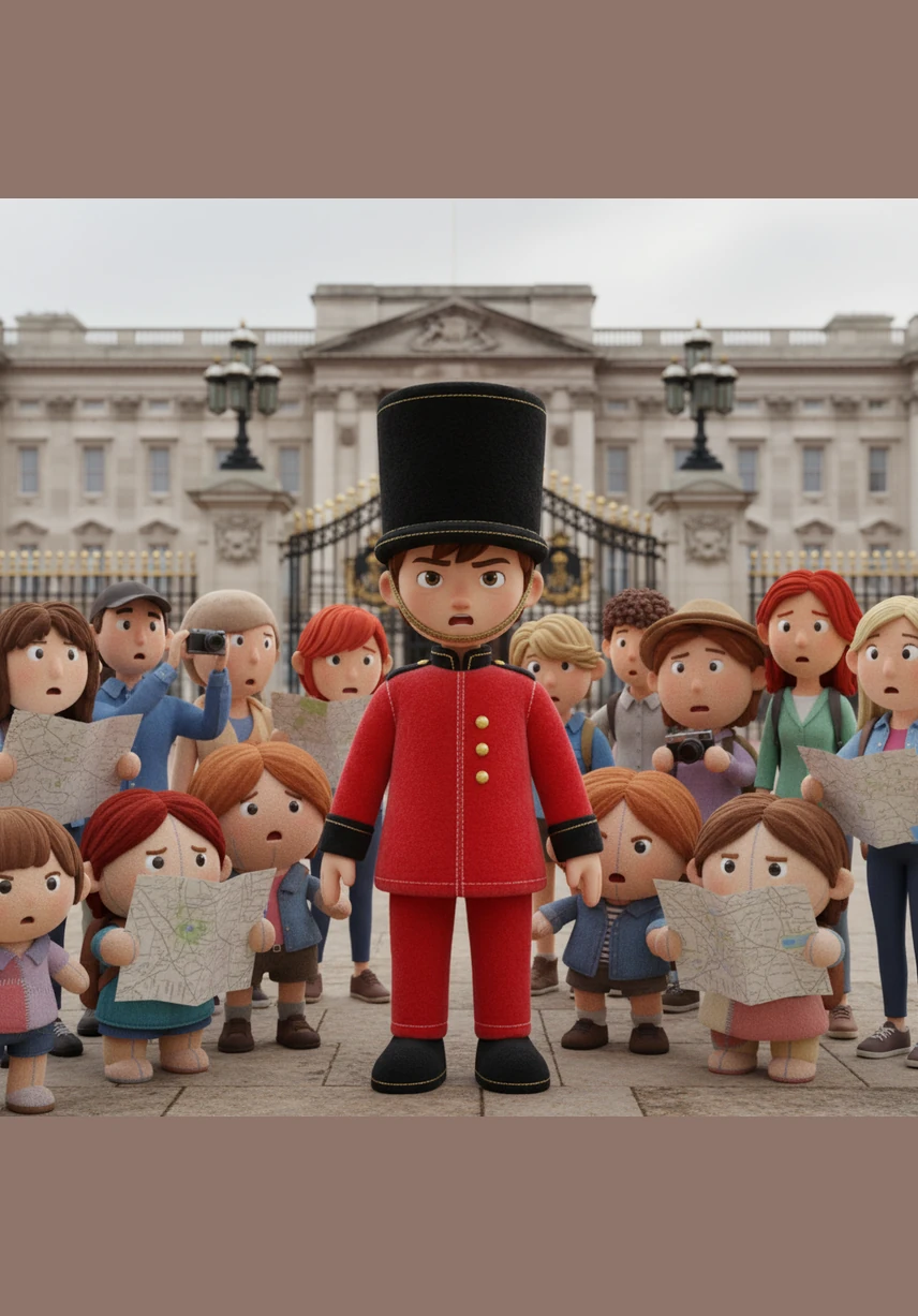Standing perfectly still outside a grand palace in London, Jack looked very sharp in his tall hat and red uniform. However, a crowd of tourists surrounded him, waving maps and asking him very complicated questions about history.
