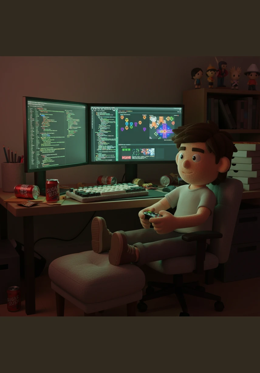 Jack spent his next week as a computer programmer, surrounded by glowing screens and lines of code. It was a safe and quiet job where he could drink soda and play video games whenever he finished his work.