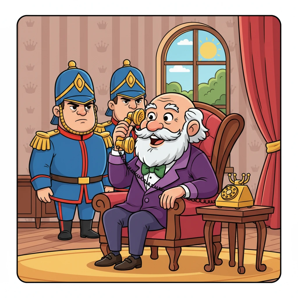 With a twinkle in his eye, Grandpa picked up his fancy golden telephone and called his trusted guards. He asked them to embark on an important mission to find this hidden football star.