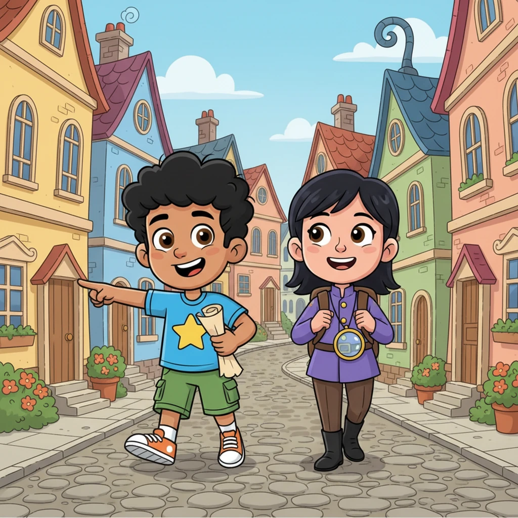 The two friendly guards, with their smart uniforms and eager smiles, set off on their quest. They traveled to an older, charming part of town, filled with winding streets and cozy, unique houses.