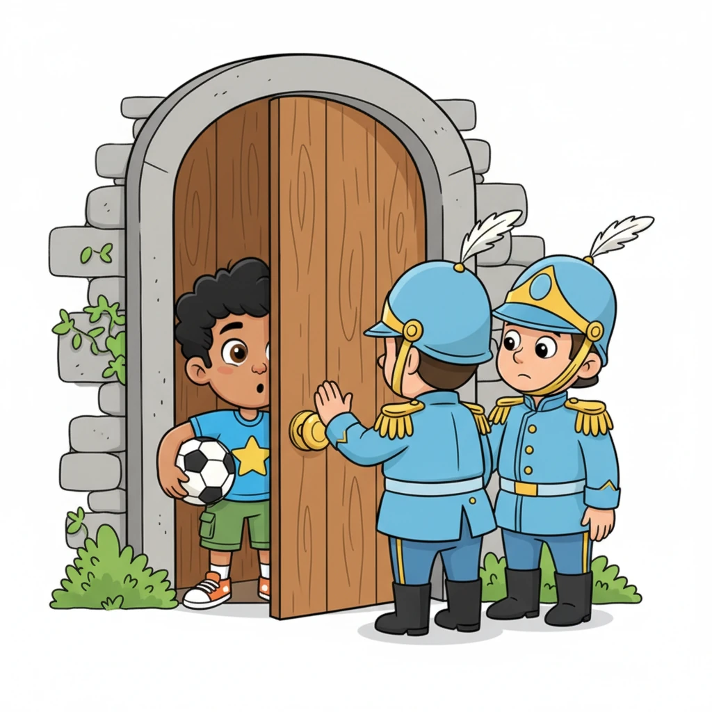Knock, knock! The guards gently rapped on the door. A bright-eyed young boy named Leo, looking a little surprised but mostly curious, opened it, a football tucked under his arm.