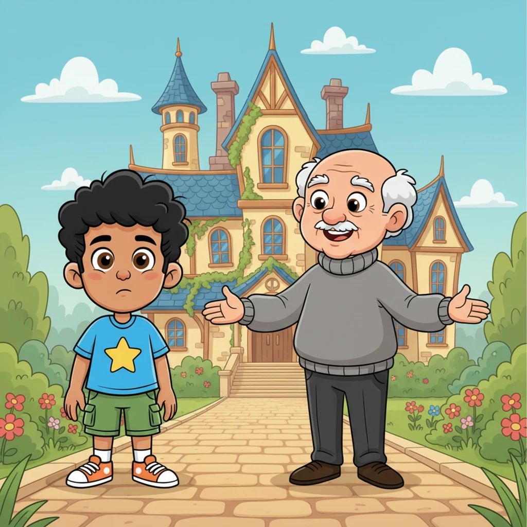 They arrived at a magnificent mansion, where Grandpa was waiting with a warm, welcoming smile. Leo felt a little nervous, but Grandpa's kind eyes quickly put him at ease.