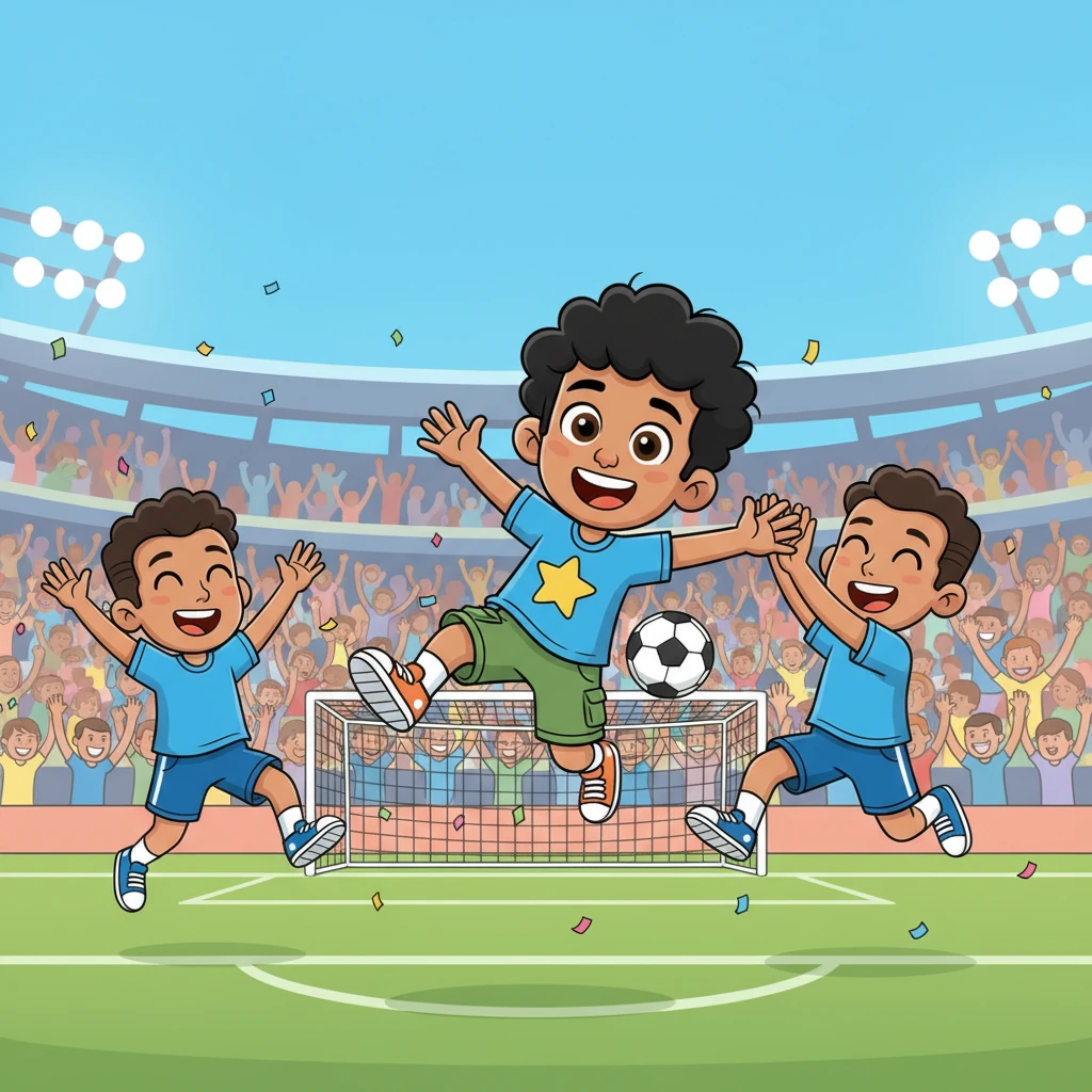 With a powerful kick, Leo scored the winning goal! The crowd erupted in cheers as he celebrated with his happy teammates, a triumphant smile lighting up his face. He had found his place, and he kept winning every match!