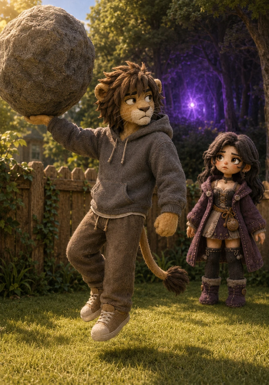 The next afternoon, Leo flew just an inch above the grass behind the backyard fence, practicing his control while Maya kept watch. He effortlessly lifted a massive boulder with one hand, his super strength making it look as light as a feather. Their training was cut short when a strange, pulsing purple light flickered from the depths of the forest, catching Leo's sharp eyes.