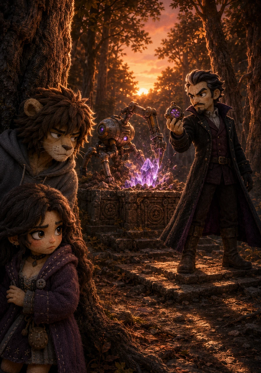 Unable to resist the mystery, Leo and Maya sneaked into the dense woods as the sun began to set, casting long, eerie shadows through the trees. They crept up to a clearing just in time to see a mechanical drone digging up a glowing crystal embedded in an ancient stone altar. Before they could react, a menacing villain stepped into the light, holding a device that tracked the elemental energy.