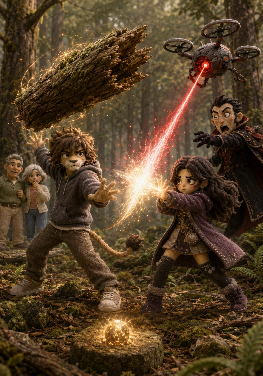 Leo leaped into action, using his telekinesis to rip a fallen log from the ground and hurl it directly at the villain's drone. The villain spun around in shock, realizing these weren't ordinary suburban kids as Maya unleashed a dazzling beam of energy to block a laser blast. A fierce battle erupted in the quiet woods, the children fighting desperately to protect the powerful artifact.
