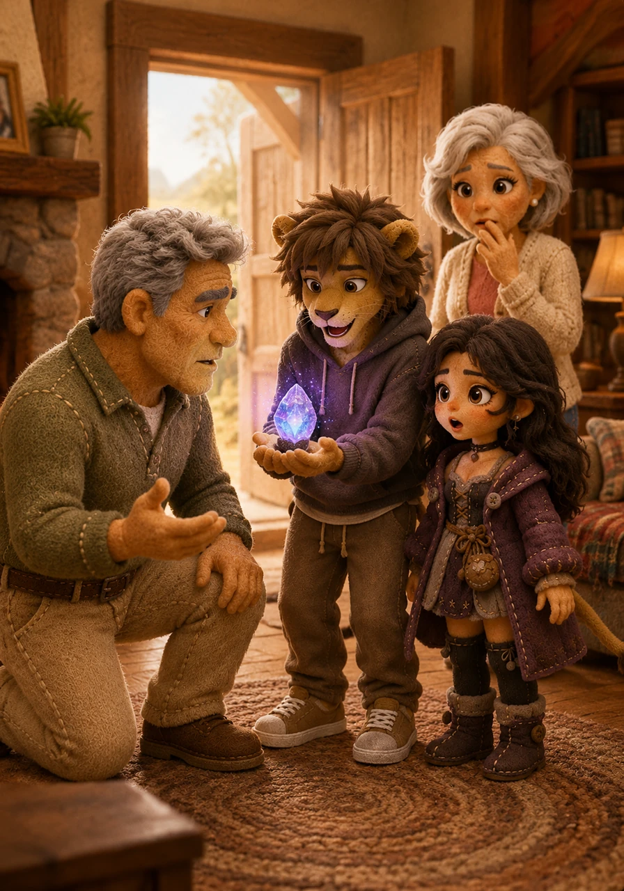 Leo and Maya rushed back home, bursting through the front door to show the glowing cosmic crystal to their astonished parents. The retired heroes looked at each other with serious expressions, realizing their peaceful sanctuary was no longer safe. Their father knelt down, explaining the true, devastating power of the six crystals and praising his children's bravery.