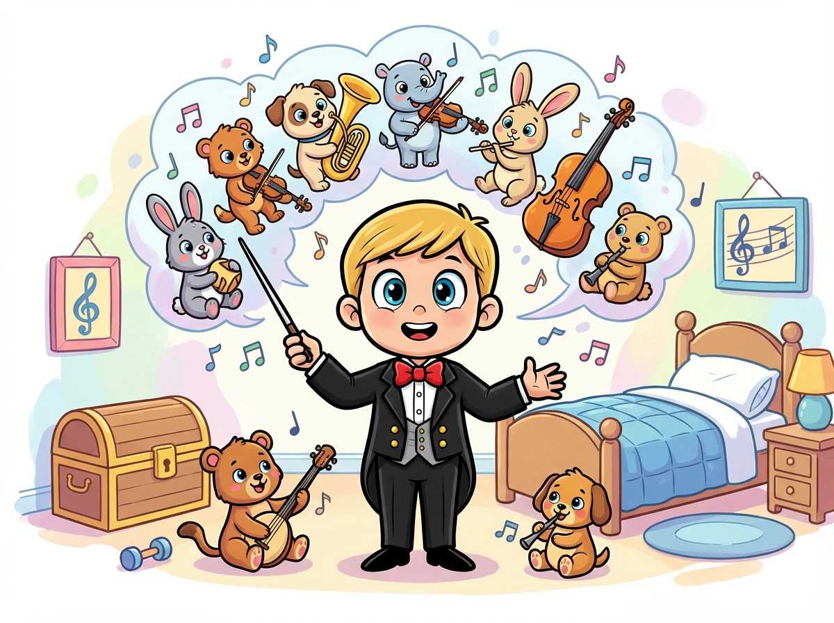 Léo, un petit garçon aux cheveux blonds et aux yeux pétillants, rêve de diriger un grand orchestre. Dans sa chambre, il imagine une scène remplie de musiciens.