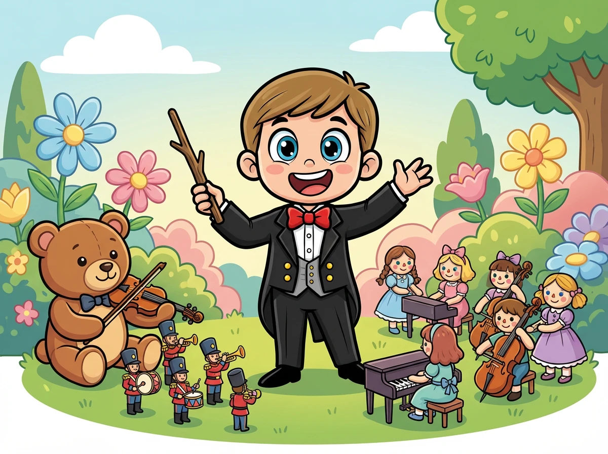 Il prend une baguette en bois, un simple bâton trouvé dans le jardin, et se place devant son orchestre imaginaire. Ses jouets, des ours en peluche, des soldats de plomb et des poupées, sont ses fidèles musiciens.