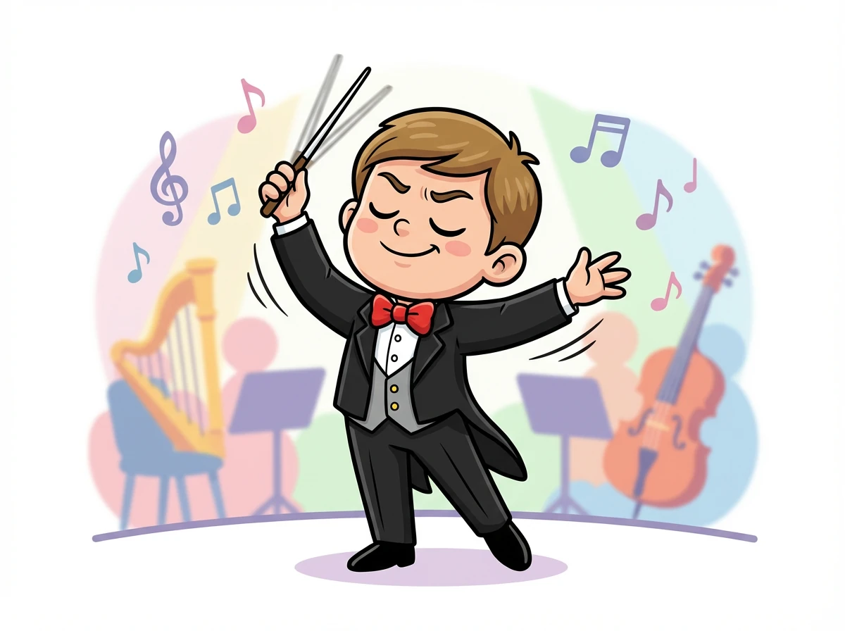 Léo lève sa baguette et commence à diriger avec passion. Il ferme les yeux, emporté par la musique qu'il entend dans sa tête. Il sourit, heureux.