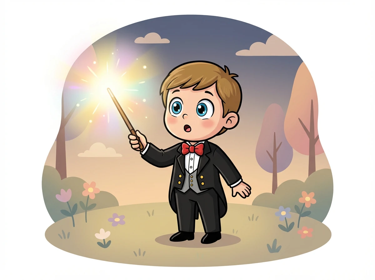 Soudain, une lumière éblouissante jaillit de la baguette en bois. Léo ouvre les yeux, surpris. La baguette brille de mille feux.