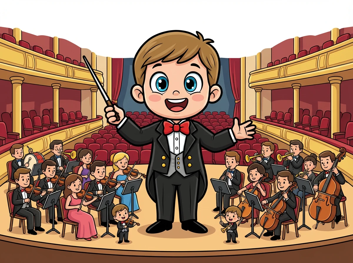 La chambre de Léo se transforme. Les murs disparaissent et il se retrouve sur une véritable scène, devant un immense orchestre de vrais musiciens. Ses jouets sont assis parmi eux, transformés en musiciens miniatures.