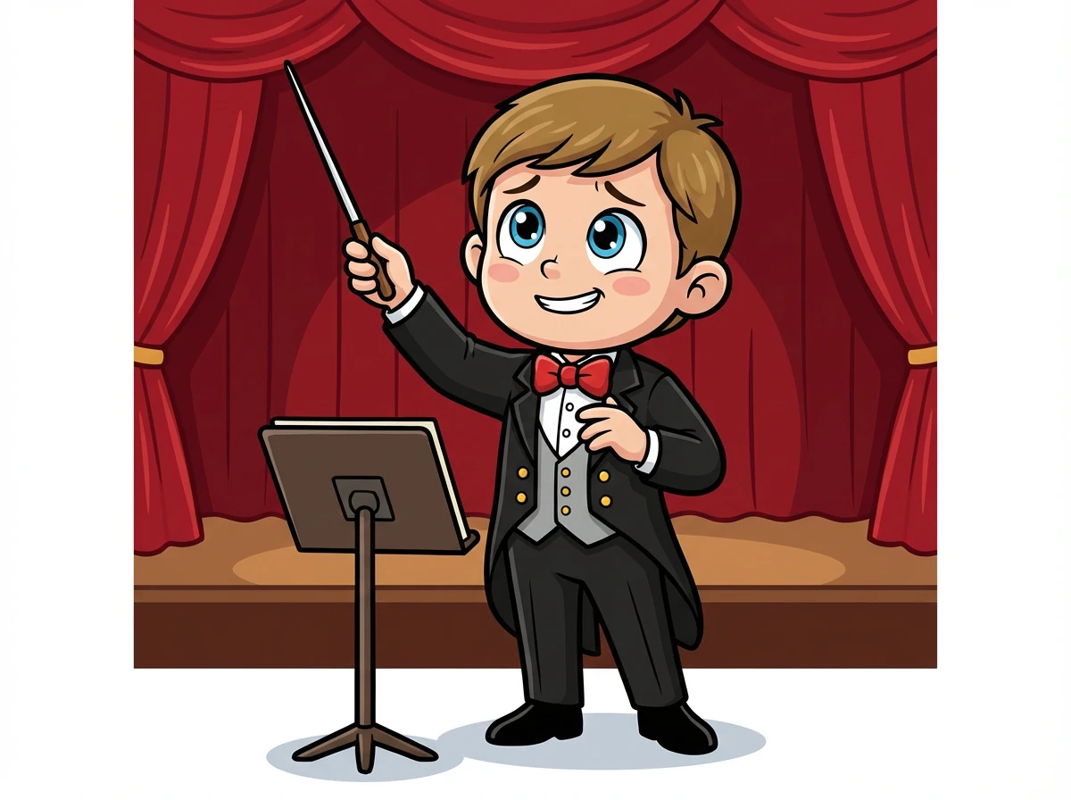 Léo, maintenant vêtu d'un frac élégant, se sent un peu intimidé mais aussi excité. Il respire profondément et lève sa baguette magique.