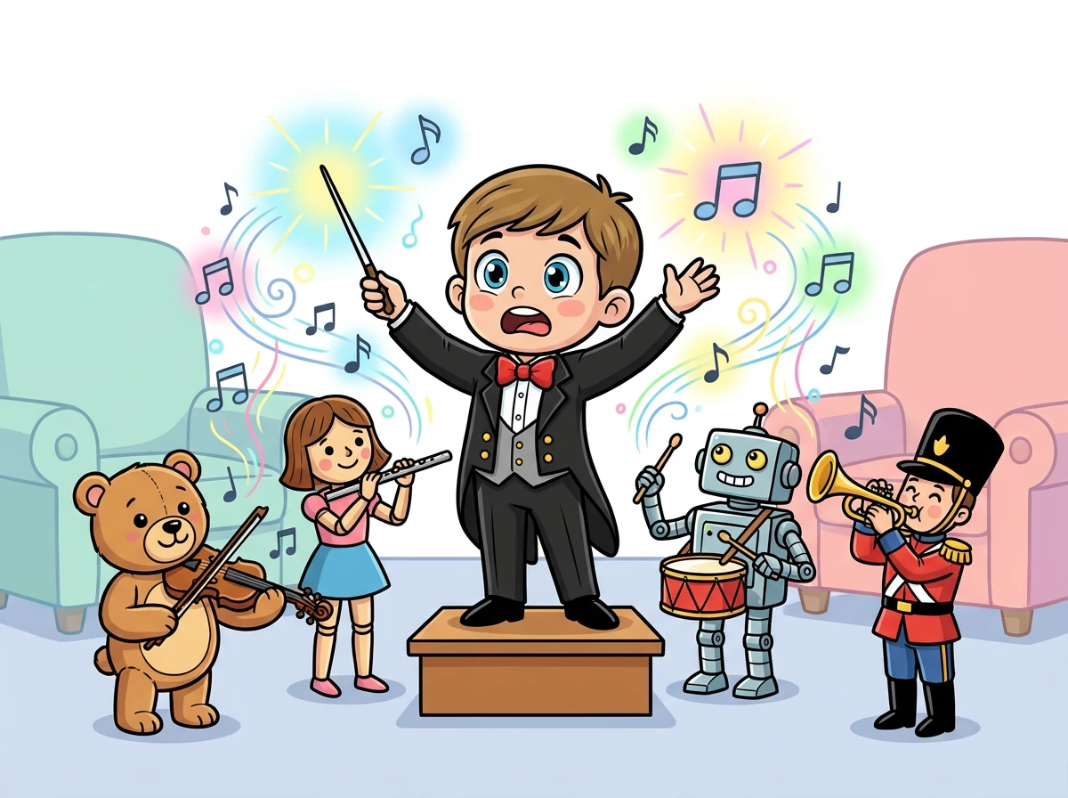 La musique commence à jaillir, magnifique et puissante. Léo dirige avec assurance, guidant les musiciens avec précision et passion. Ses jouets-musiciens l'observent avec admiration.