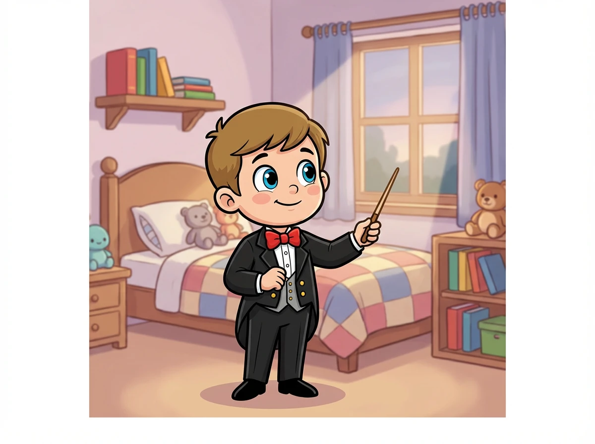 La lumière diminue et Léo se retrouve à nouveau dans sa chambre, avec sa baguette en bois. Il sourit, sachant que son rêve est devenu réalité, même pour un instant magique. Il sait qu'il deviendra un grand chef d'orchestre un jour.