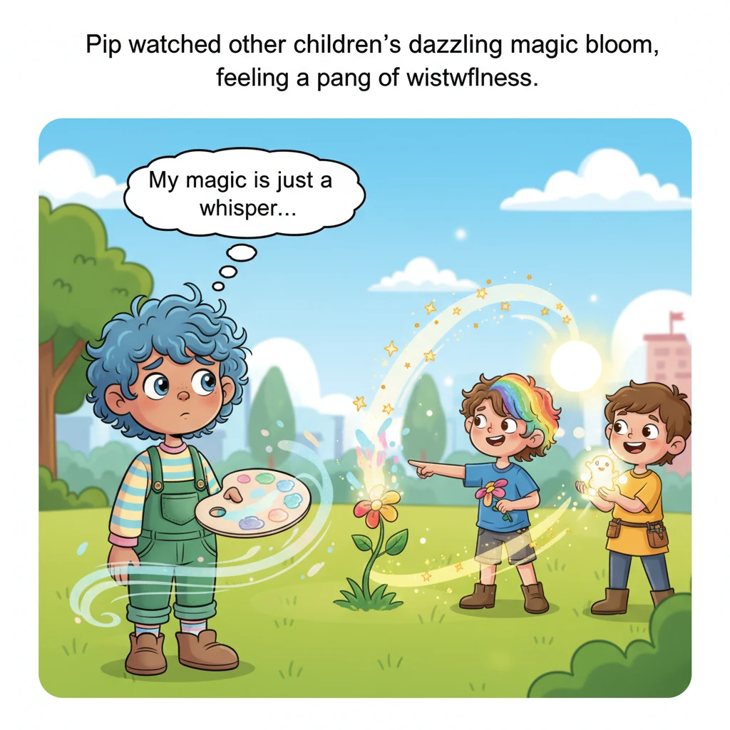 Pip watched other children make flowers bloom or change their hair color with dazzling flashes of magic, feeling a pang of wistfulness. His own magic,