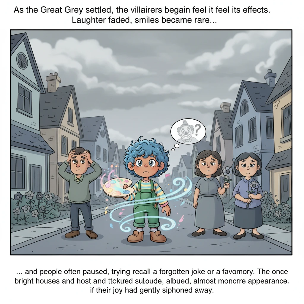As the Great Grey settled, the villagers began to feel its effects. Laughter faded, smiles became rare, and people often paused, trying to recall a fo