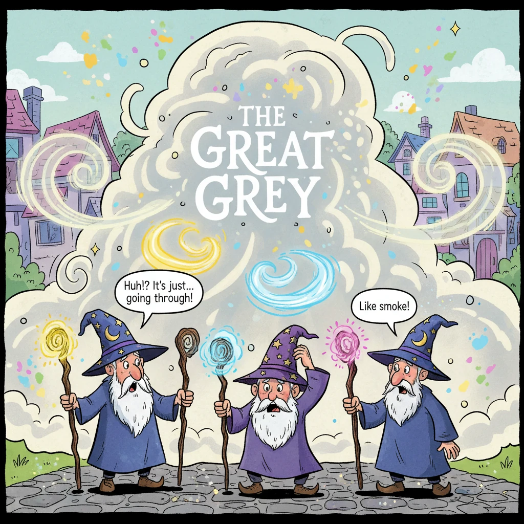 The village's most esteemed wizards, with their tall hats and sparkling staffs, gathered to confront the mist. They unleashed powerful spells—blasting
