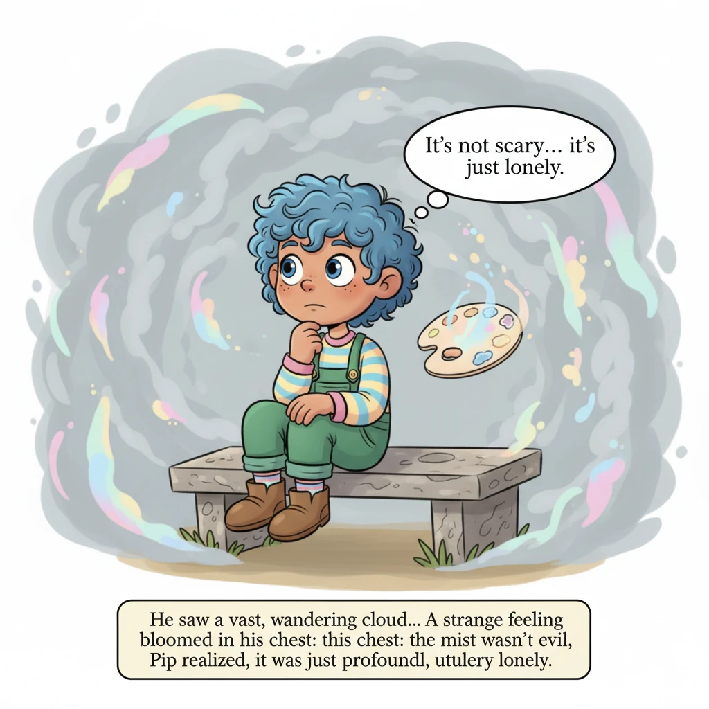 While the grown-ups tried increasingly complex spells, Pip sat quietly on a stone bench, observing the grey mist. He didn't see a monster; he saw a va