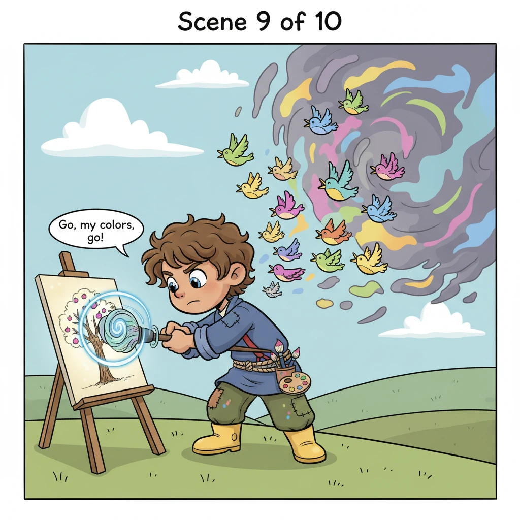 With a deep breath, Pip focused his "Quiet Spark" on his drawing. The paper shimmered, and from the depicted cherry tree, a flurry of tiny, brightly c