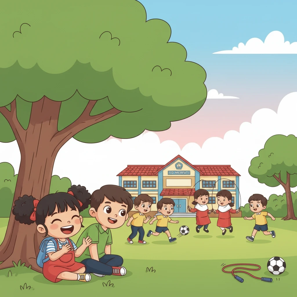 Saat jam istirahat tiba, lapangan sekolah menjadi saksi keceriaan mereka. Made dan Budi asyik bermain sepak bola, sementara Ayu dan Siti melompat tali dengan lincah. Davin dan Rara berbagi cerita lucu sambil duduk di bawah pohon rindang.