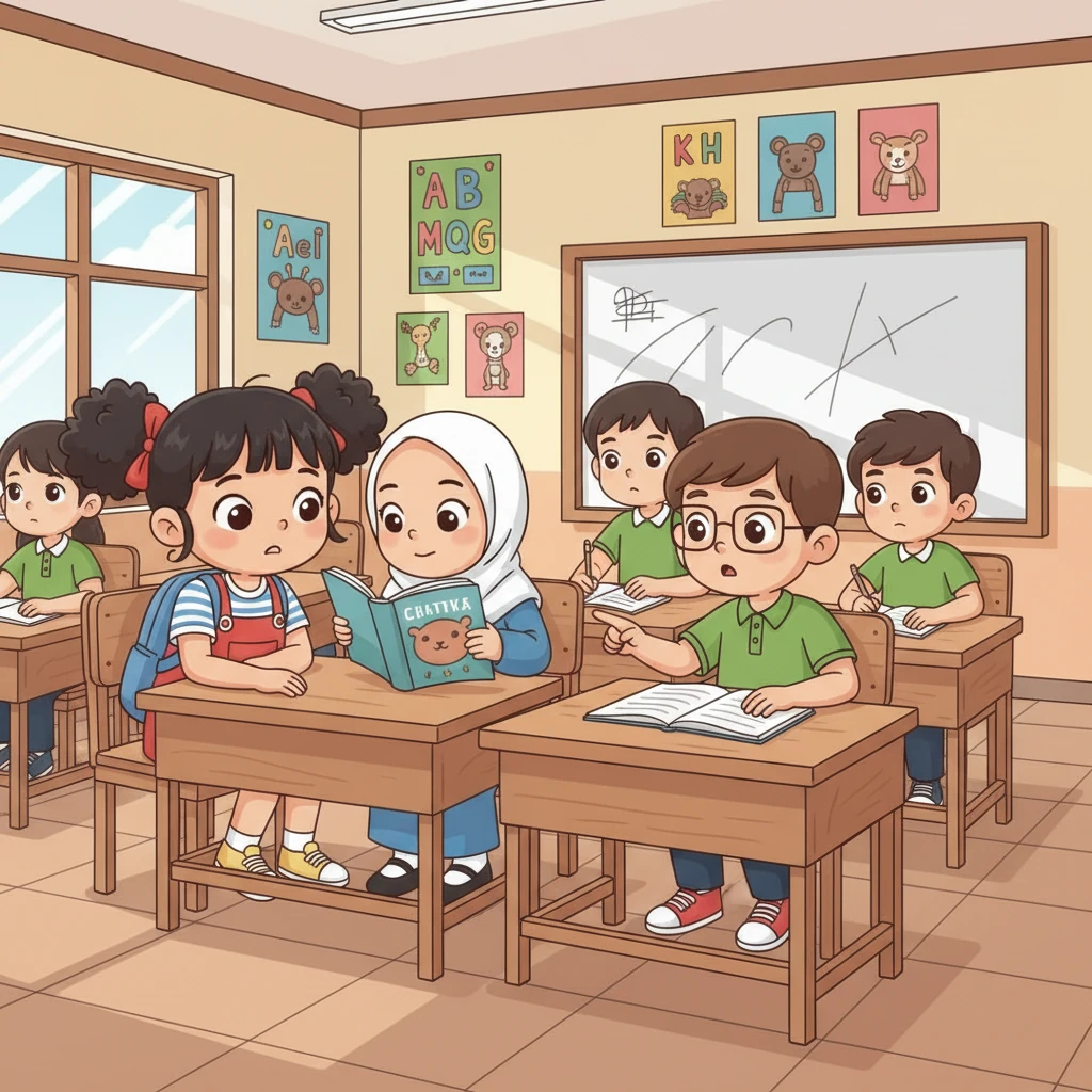 Di dalam kelas, mereka juga saling membantu dalam pelajaran. Saat Budi kesulitan memahami soal matematika, Davin dengan sabar menjelaskan. Ayu dan Siti bergantian membaca cerita, sementara Made dan Rara mendengarkan dengan seksama.