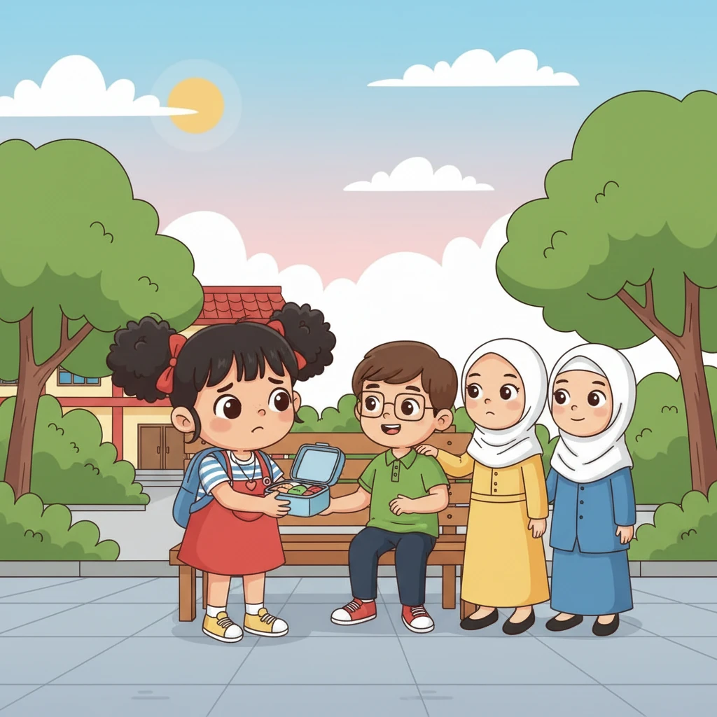 Melihat Budi yang sedih, Ayu dan Siti segera mendekat, menenangkan. Rara dengan tulus meminta maaf dan menawarkan untuk berbagi bekalnya. Budi tersenyum, menyadari Rara tidak sengaja, dan mereka kembali bermain bersama.