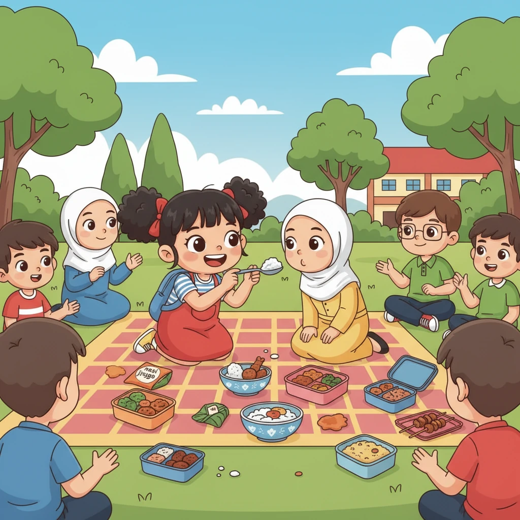 Saat makan siang, mereka selalu berbagi bekal masing-masing. Made membawa nasi jinggo, Ayu membawa pempek, Siti membawa rendang mini, Budi membawa sate lilit, Davin membawa gudeg, dan Rara membawa papeda. Mereka saling mencoba makanan dari daerah teman-temannya.