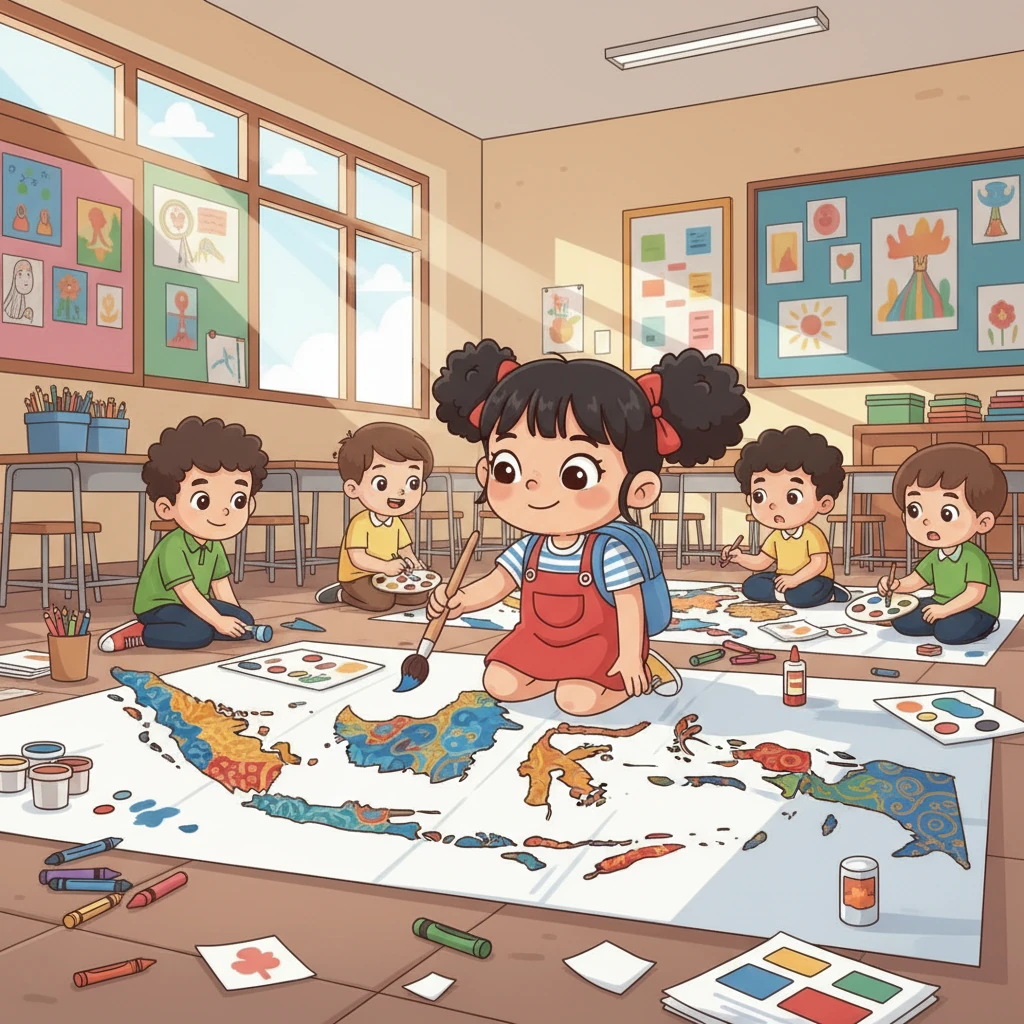 Untuk tugas kelompok seni, mereka memutuskan membuat kolase peta Indonesia. Setiap anak bertanggung jawab mewarnai bagian daerah asalnya dengan motif khas. Hasilnya adalah peta yang sangat indah dan penuh warna, mencerminkan persatuan mereka.