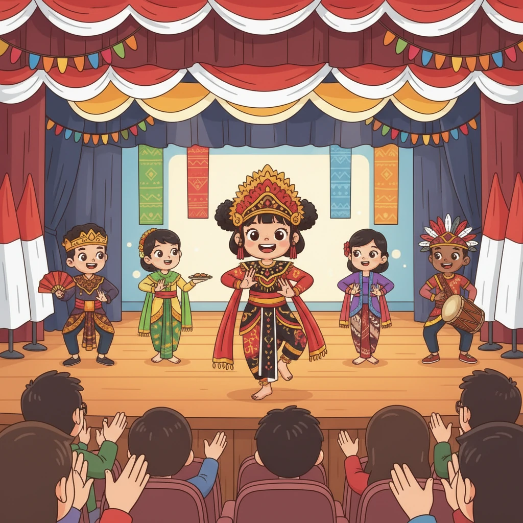 Pada Hari Kebudayaan Sekolah, mereka menampilkan tarian daerah gabungan yang unik. Made menari Bali, Ayu menari Sumatera, Siti menari Jawa, Budi menari Papua, Davin menari Kalimantan, dan Rara menari Sulawesi. Penonton bertepuk tangan meriah melihat keindahan perbedaan mereka.