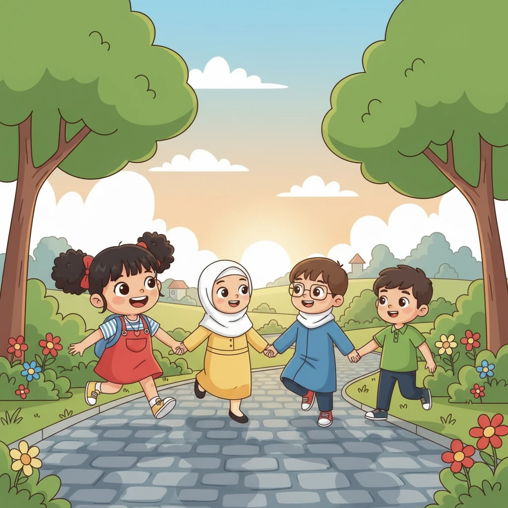 Sore hari, setelah sekolah usai, mereka berjalan pulang bersama. Mereka berpegangan tangan, tertawa, dan bercerita tentang keseruan hari itu. Hati mereka dipenuhi rasa syukur atas persahabatan yang kuat dan indah ini.