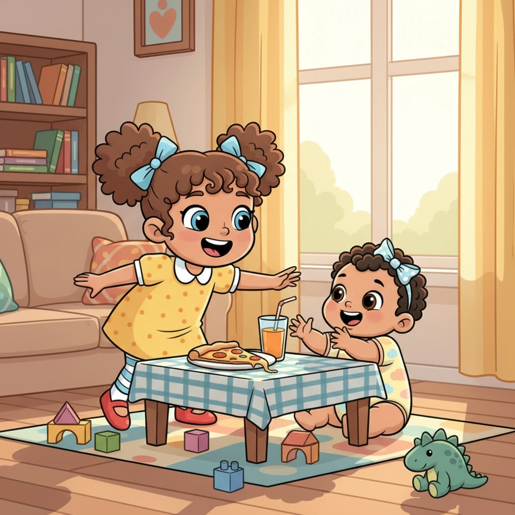 Lily giggled as she played with her baby sister, Daisy, right in their cozy living room. A half-eaten slice of cheesy pizza and a tall glass of orange juice sat on the table, waiting for a little snack break. Sunlight streamed through the window, making the room feel extra warm and bright.