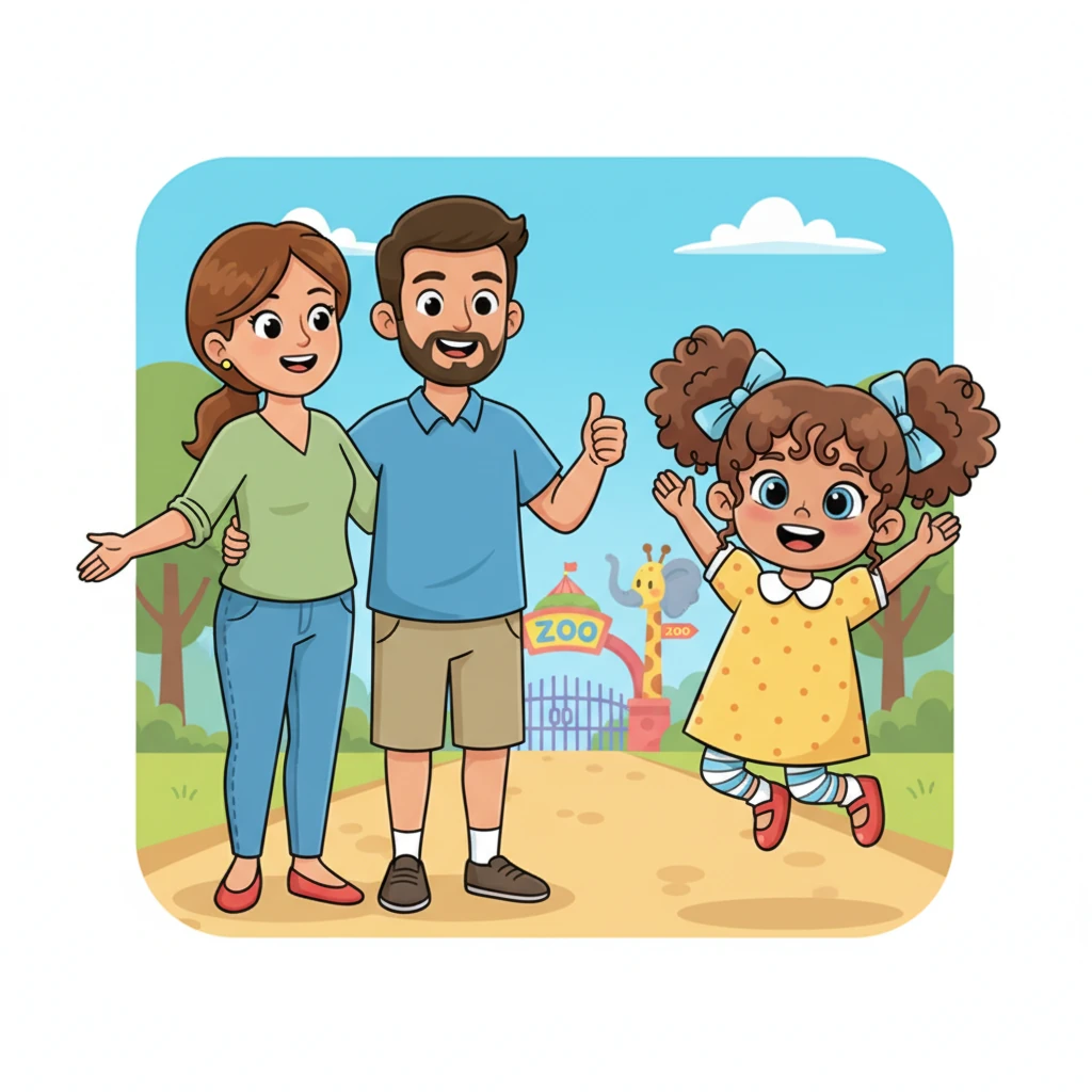 Lily turned to her parents with a hopeful smile, asking, "Can we please go see some real animals today?" Her parents, seeing her excitement, happily agreed to a special trip to the zoo. Lily cheered with delight!