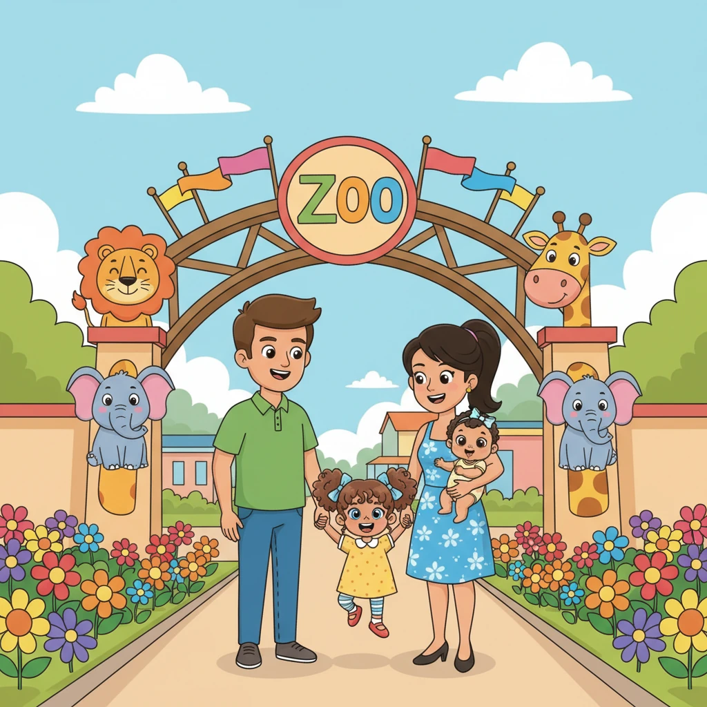Soon, Lily, with her parents, arrived at the zoo's grand entrance, which was bursting with colorful banners and cheerful animal shapes. Bright flowers bloomed everywhere, welcoming them into a world of wildlife. Lily bounced on her toes, eager to explore.