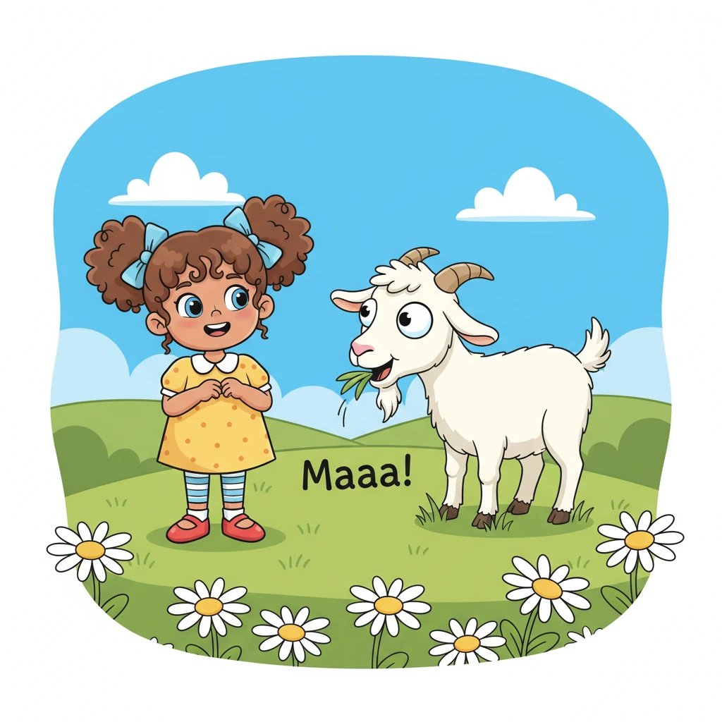 Their first stop brought them face-to-face with a fluffy white goat, who cheekily nibbled on some green grass with a happy "Maaaa!" Its silly beard and playful eyes made Lily giggle. She loved watching its gentle movements.