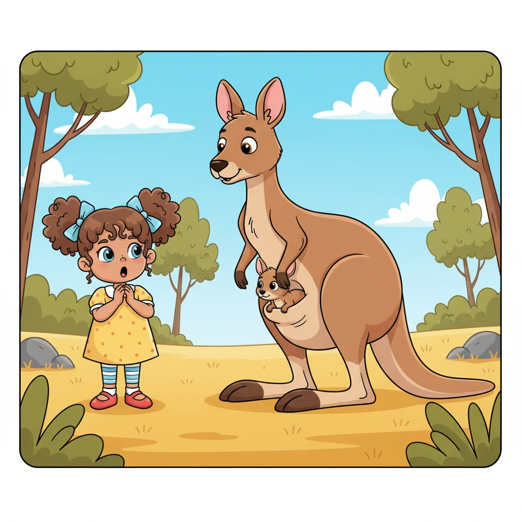 Next, they spotted a magnificent kangaroo, its powerful legs ready to hop. A tiny joey peeked shyly from its mother's pouch, blinking its big, curious eyes. Lily watched in awe as the mother kangaroo gently bounced.