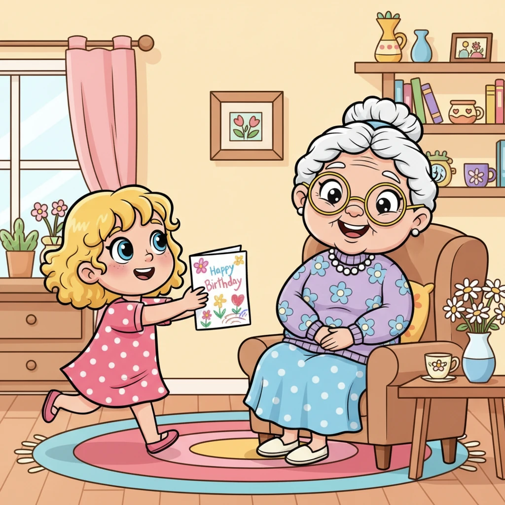 Одеднаш, малата Ана, со нејзините руси локнички, влета во собата на баба ѝ. Во рацете држеше шарена, рачно изработена честитка. Нејзините сини очи светкаа од возбуда, едвај чекајќи да ѝ честита роденден на баба ѝ.