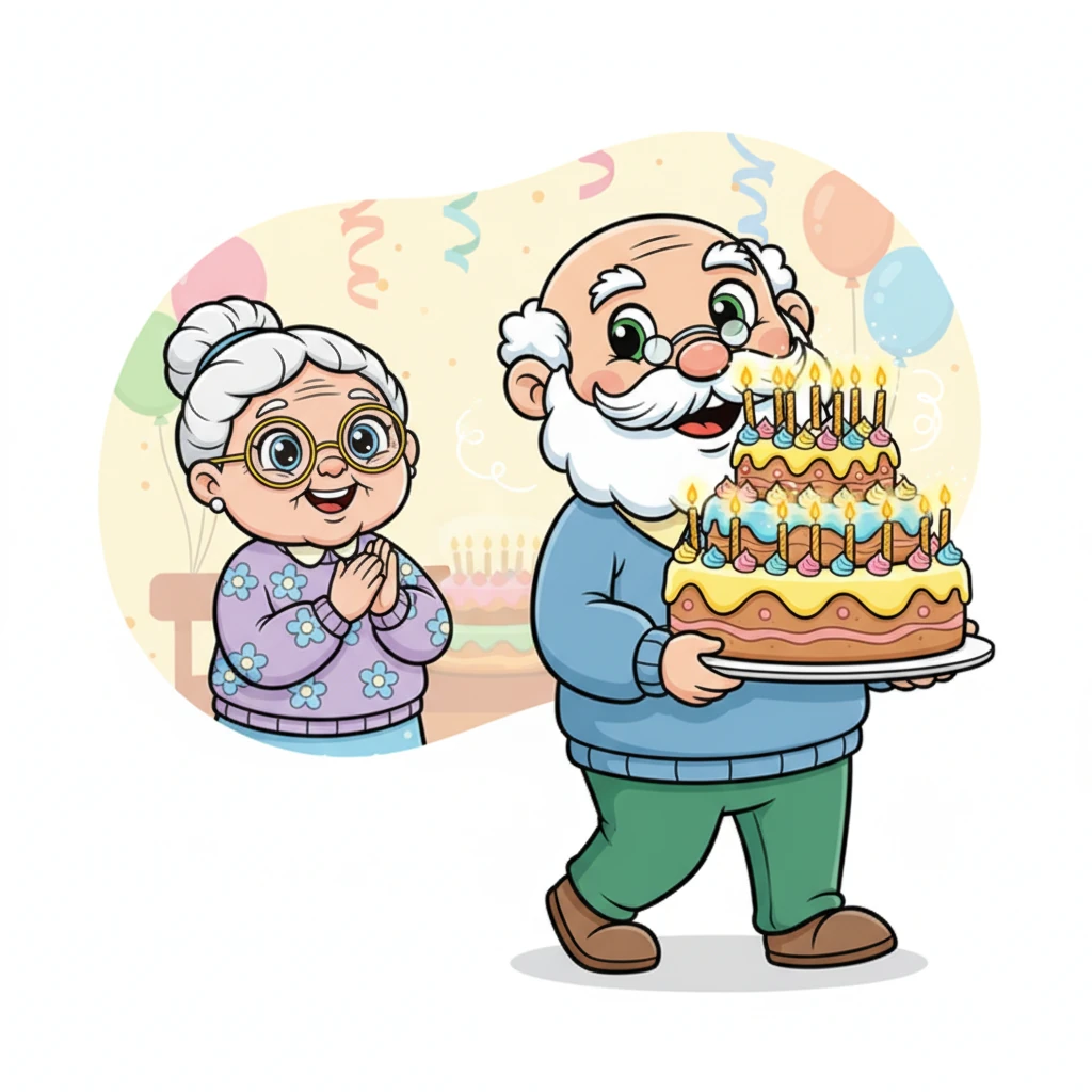 Веднаш по неа, Дедо Марко, со неговите добри зелени очи, влезе носејќи прекрасна роденденска торта. Тортата беше украсена со светли бои и имаше 53 блескави свеќички. Воздухот мирисаше слатко и празнично.