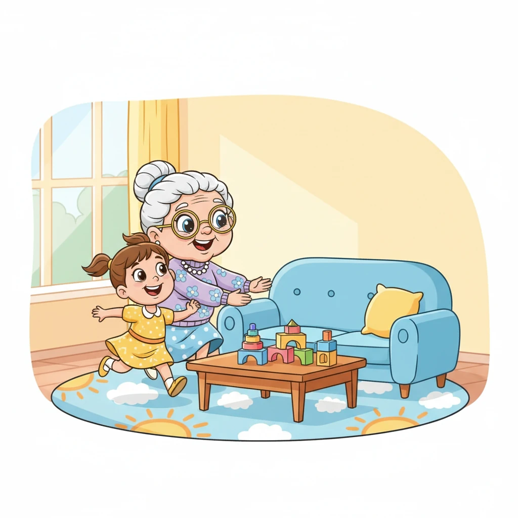 Во дневната соба, Баба Славица разиграно ја бркаше Ана околу мебелот. Нивната смеа го исполнуваше воздухот со радост и среќа. Ана кикотеше, нејзините мали нозе трчаа најбрзо што можеа, обидувајќи се да ѝ избегаат на баба ѝ.