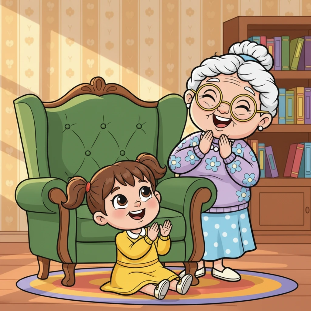 Потоа, Баба Славица се скри зад големата фотелја, а потоа изникна со гласно „Ку-ку!“. Ана врескаше од задоволство, плескајќи со рацете од радост. Оваа игра никогаш не им здосадуваше.