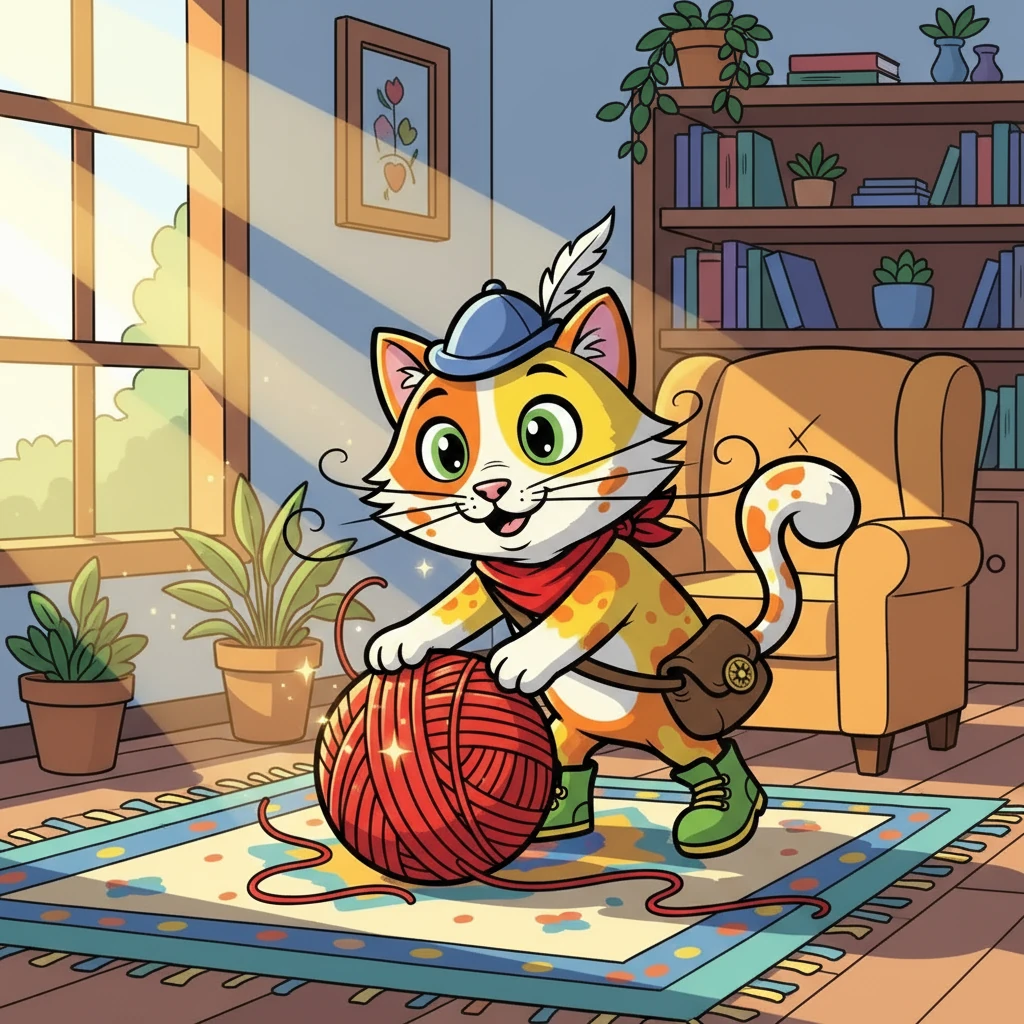 Whiskers, a fluffy kitten with emerald eyes, is playing in his cozy home. He is chasing a bright red ball of yarn, batting at it with his tiny paws. The sun is shining through the window, making the yarn sparkle and dance.